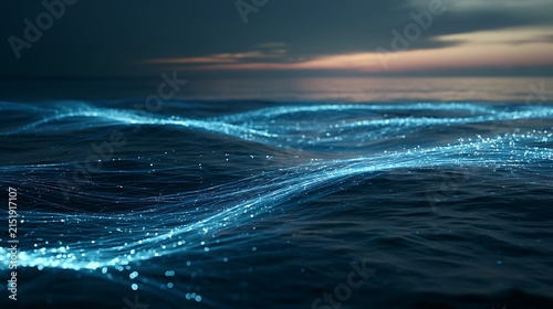 Tranquil sea with radiant digital wave network, intelligent ocean connectivity, glowing blue data lines, cloud infrastructure visualizatio