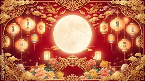 Celebrating the mid autumn festival a radiant full moon illuminates a scene of traditional lanterns representing family reunion harmony and the beauty of chinese culture