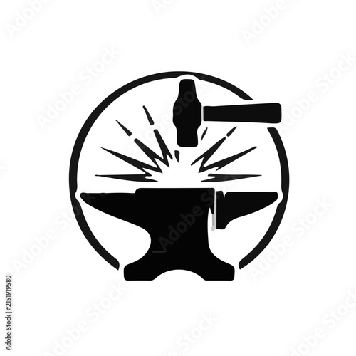 Blacksmith Anvil and Hammer Striking Spark Icon Vector
