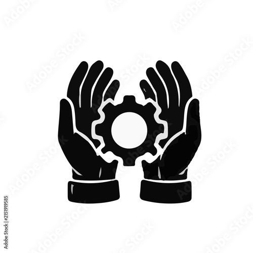 Black and White Hands Holding Gear Icon Vector Illustration