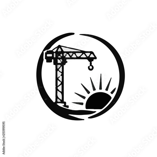 Black and White Construction Crane and Sun Icon Vector