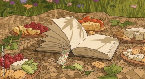 Idyllic Outdoor Picnic Scene With Open Book And Refreshments Spread On Blanket
