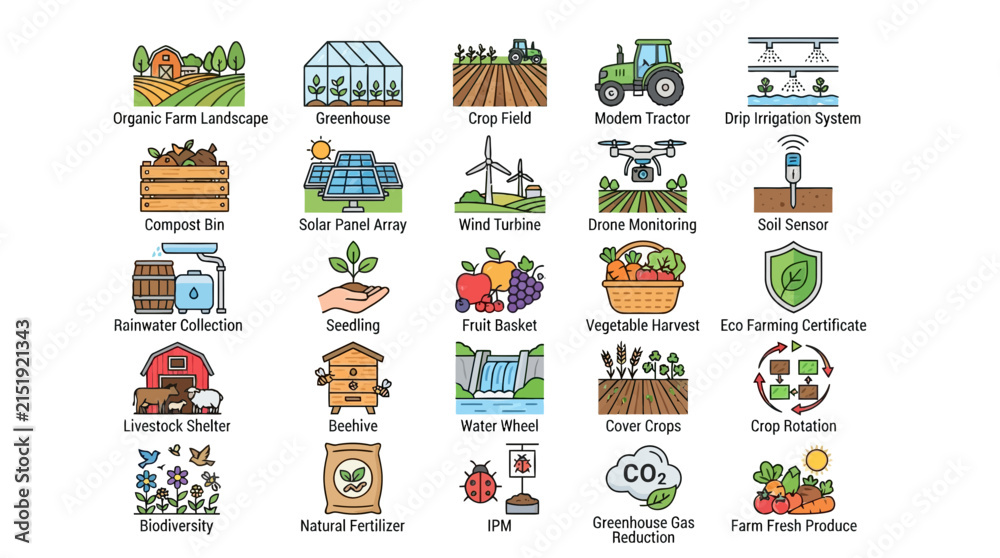 Fototapeta premium Sustainable Agriculture Vector Icons Set Featuring Modern Farming Practices and Eco-Friendly Crop Production Technology