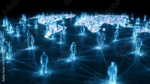 International workforce connectivity, abstract human silhouettes linked across glowing continents, cross-border employment network,