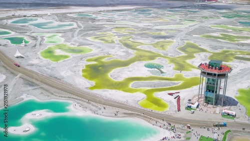 Aerial View of Dachaidan Emerald Lake Observation Deck: Green Lake, Blue Salt Ponds and Mineral Crust in Qinghai