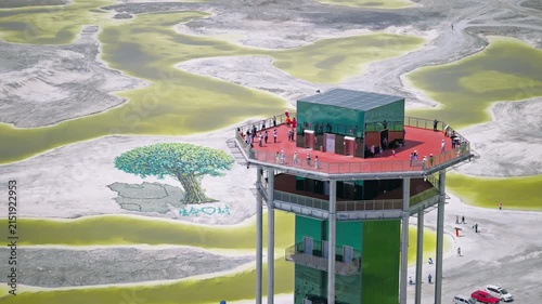 Aerial View of Dachaidan Emerald Lake Observation Deck: Green Lake, Blue Salt Ponds and Mineral Crust in Qinghai
