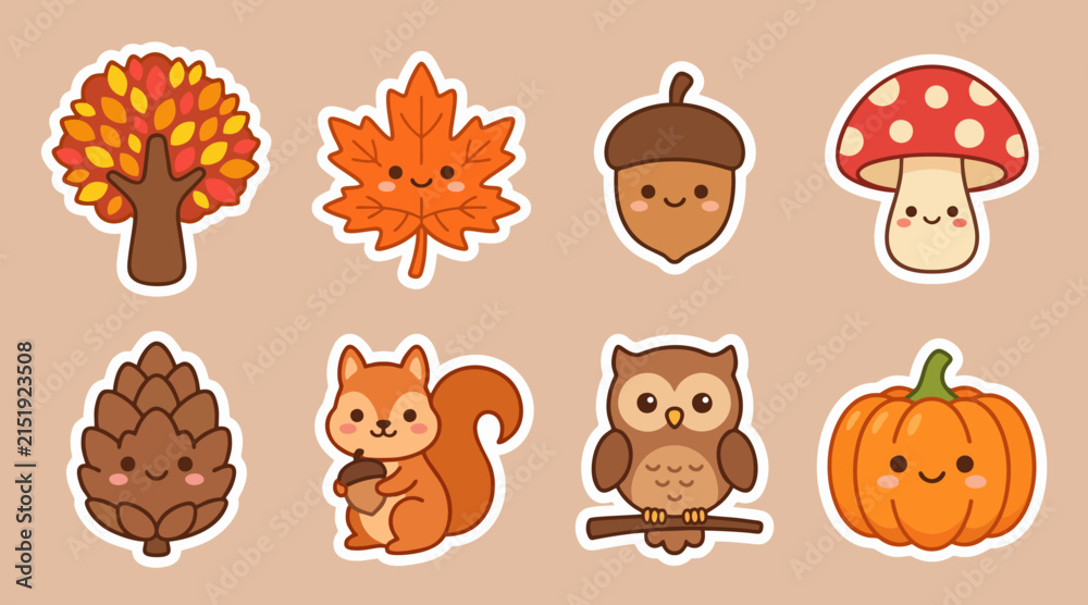 Obraz premium Cute autumn themed sticker set featuring various woodland animals and seasonal plants in flat vector design
