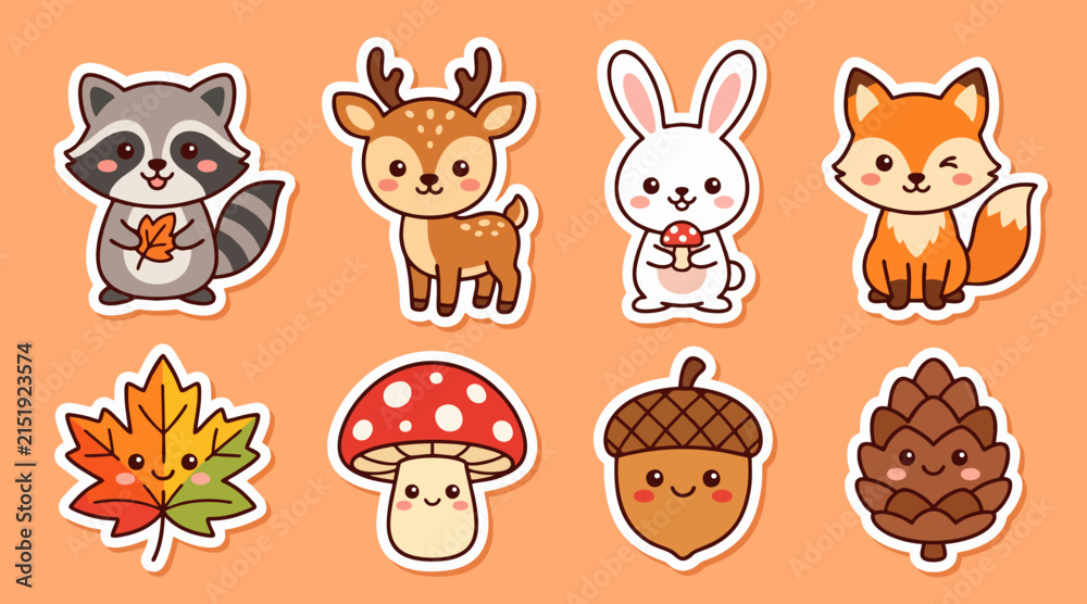 Obraz premium Cute woodland animal stickers vector illustration featuring forest creatures and autumn elements in vibrant flat design