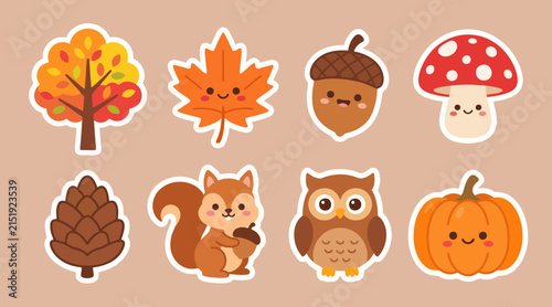 Autumn themed vector graphic sticker set featuring cute woodland animals and seasonal plants with joyful faces