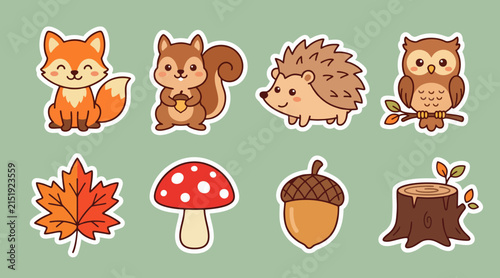 Cute woodland animal vector sticker collection featuring a fox squirrel hedgehog owl leaf mushroom and acorn