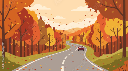 Autumn road landscape with driving car vector illustration