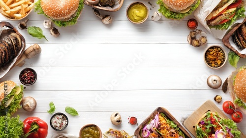 Assortment of international street food dishes arranged in circle on white background top view