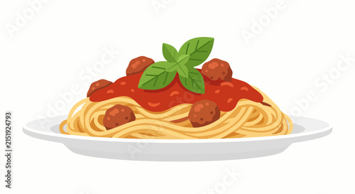 Obraz na plátně Delicious spaghetti pasta with meatballs and tomato sauce flat vector illustrati