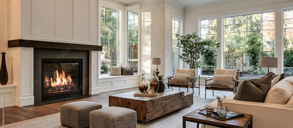 Obraz premium Modern, elegant, and luxurious interior design creates a warm and bright living room ambiance with a fireplace, wood furniture, and ample seating space. There is copyspace for text