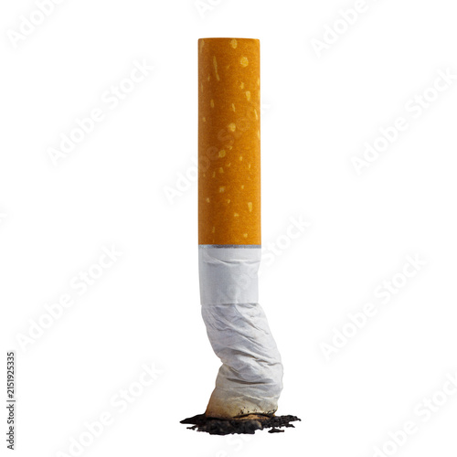Foto Single crushed cigarette butt standing vertically with ash, isolated on transpar