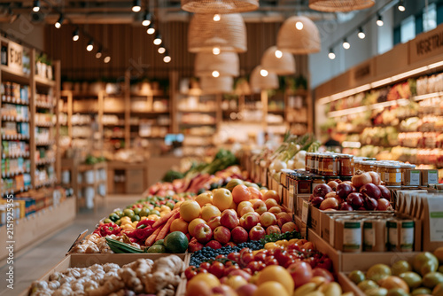 A vibrant indoor produce market displays an abundance of fresh fruits and vegetables arranged neatly in wooden crates under warm ambient hanging lights