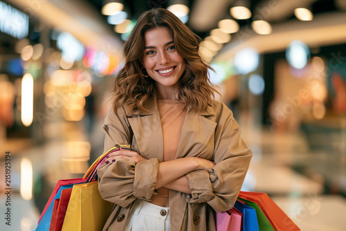 A smiling young woman in a beige trench coat stands in a brightly lit blurred shopping mall holding several colorful shopping bags