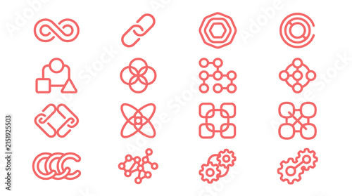 Red abstract geometric node and network line icons.
