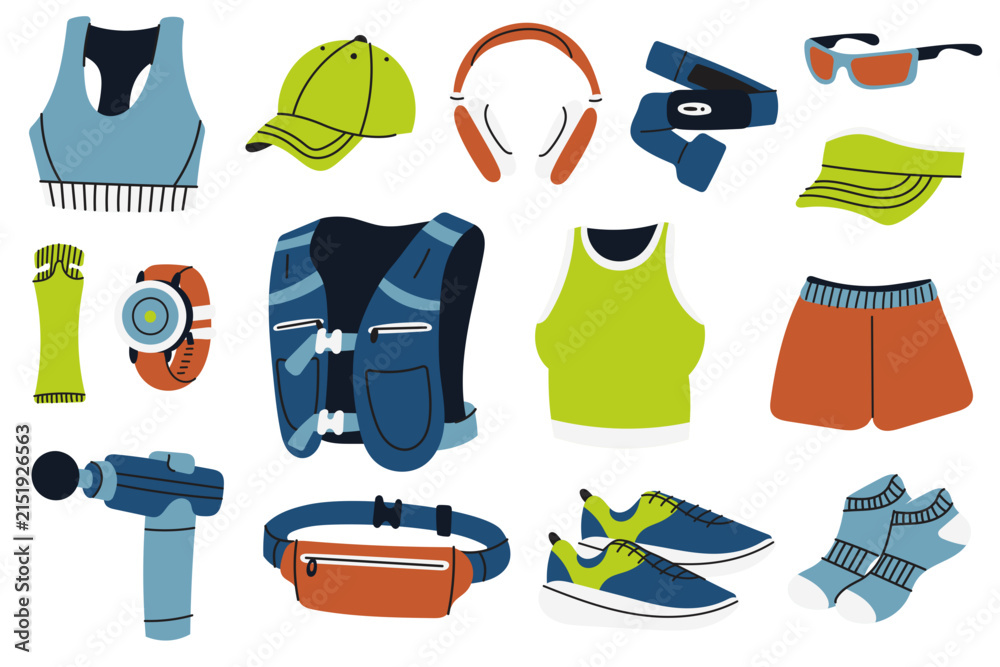 Fototapeta premium Running equipment collection with sportswear, running shoes, hydration vest, smartwatch, headphones, sunglasses, waist bag and fitness accessories.Flat vector illustration isolated on white background