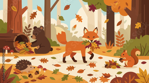 Cute forest animals playing with autumn leaves in woodland landscape