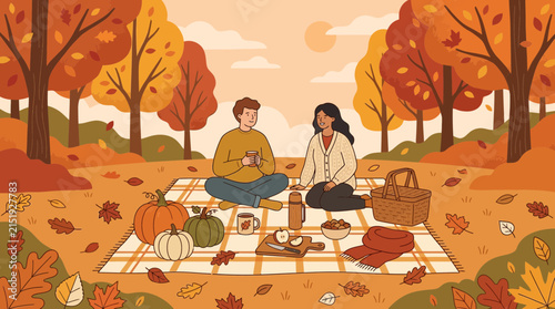 Happy couple enjoying autumn picnic in forest surrounded by fall foliage