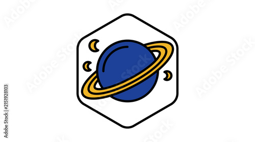 Stylized planet with rings and moons in hexagonal frame