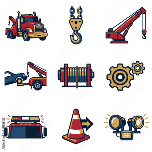 Vehicle towing and lifting equipment icons set