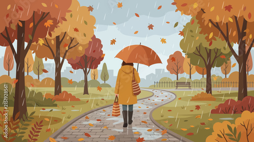 Lonely person walking along a wet park pathway holding umbrella during autumn rain