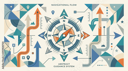 Navigational compass vector illustration with abstract geometric route map