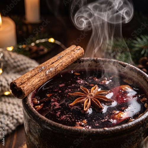 Steaming dark mulled wine floating star anise cinnamon macro