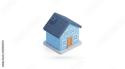 Blue isometric house icon illustrating modern architecture and home design.