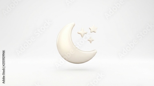 Minimalist white background crescent moon with flying birds, a serene night motif.