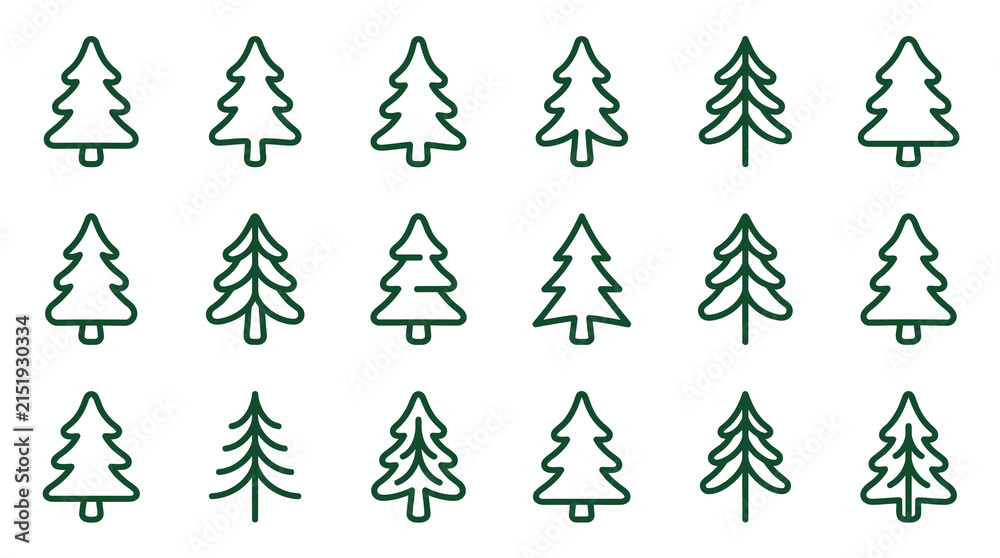 Obraz premium Minimalist evergreen pine tree silhouette icon set.