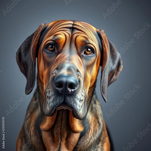 A gray portrait of a loyal and determined Bloodhound with its unique wrinkled features, portrait, ||gray