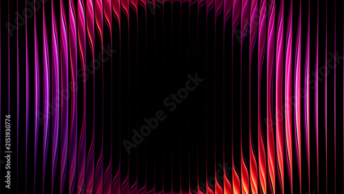 Circular gradient refracted through ribbed glass with luminous pink orange glow. Futuristic glowing circle behind vertical fluted glass for creative advertising, music cover, event flyer. 3d render