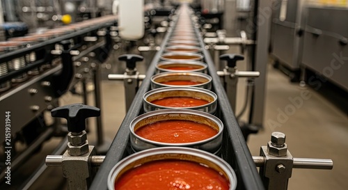 Tomato Sauce Cans Moving Along a Conveyor Belt in a Food Processing Plant.