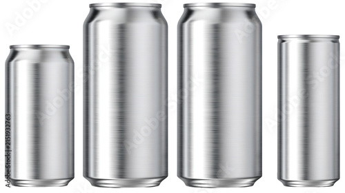 Four brushed aluminum beverage cans of different sizes