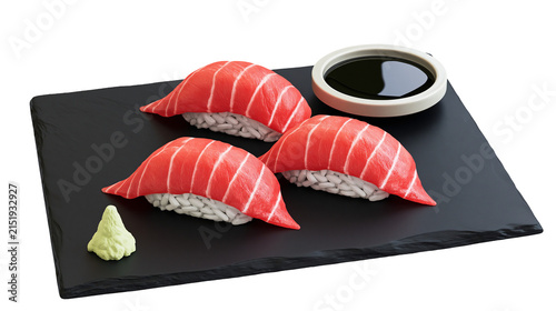 Konstfotografi Salmon Nigiri Sushi with Wasabi and Soy Sauce on Slate Plate