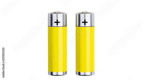 Two yellow AA batteries with silver tops and black plus signs