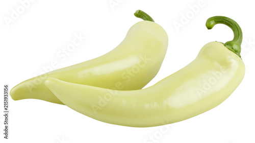 Two pale yellow banana peppers with green stems