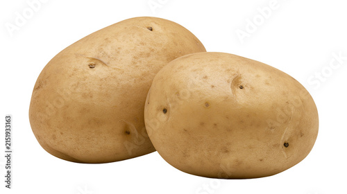 Two whole raw potatoes with brown skin and small dark eyes
