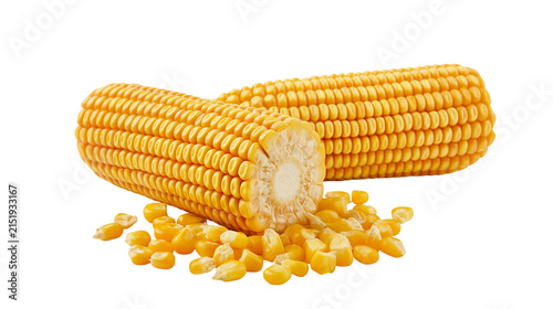 Two yellow corn cobs with loose kernels