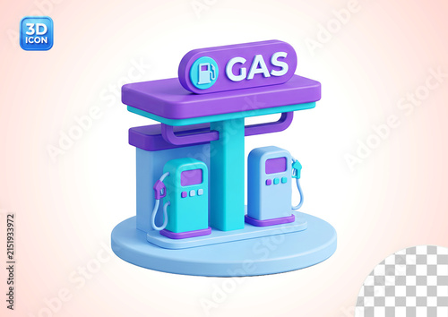 Vibrant 3D Gas Station Icon with Fuel Pumps and 'GAS' Sign, Modern Cartoon Style Render for Energy, Transportation, and Service Concepts on a Clean Background.
