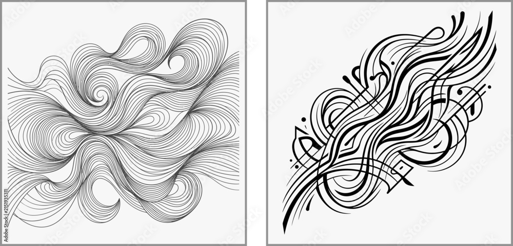 Fototapeta premium Abstract black and white line art illustrations with flowing wavy patterns and calligraphic swirls for decorative design