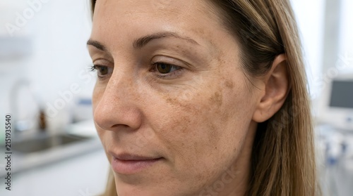 Woman shows facial skin hyperpigmentation spots and texture detail