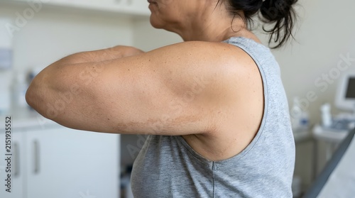 Woman showing upper arm and shoulder with focus on skin texture and form