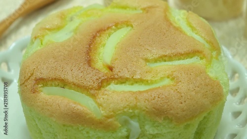 Pandan chiffon cake with young coconut close-up