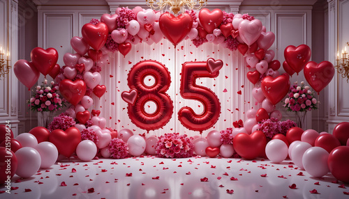 Red heart balloon arch frames number eighty five for elegant romantic celebration.