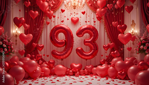Red balloon number ninety three festive heart decor for anniversary or ninety third birthday.