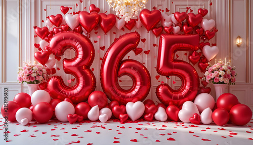 Red heart balloons 365 number shaped, festive celebration for valentines day anniversary event, romantic party decoration.